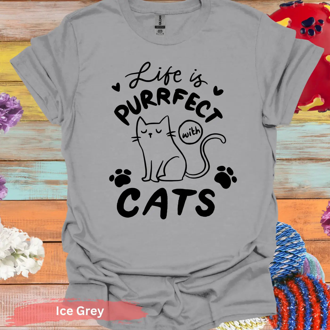 Life is Purrfect with Cats T-Shirt - S / Ice Grey - Physical Item