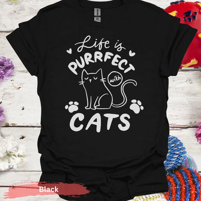 Life is Purrfect with Cats T-shirt - S / Black - Physical Item