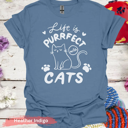 Life is Purrfect with Cats T-shirt - S / Heather Indigo - Physical Item