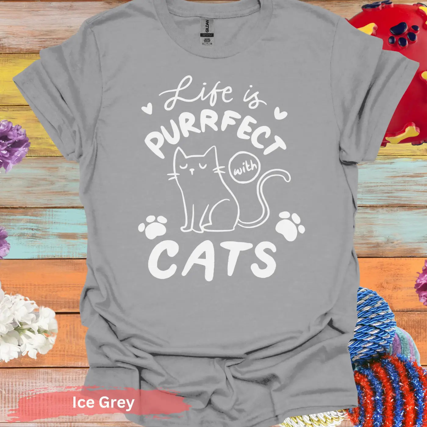 Life is Purrfect with Cats T-shirt - S / Ice Grey - Physical Item