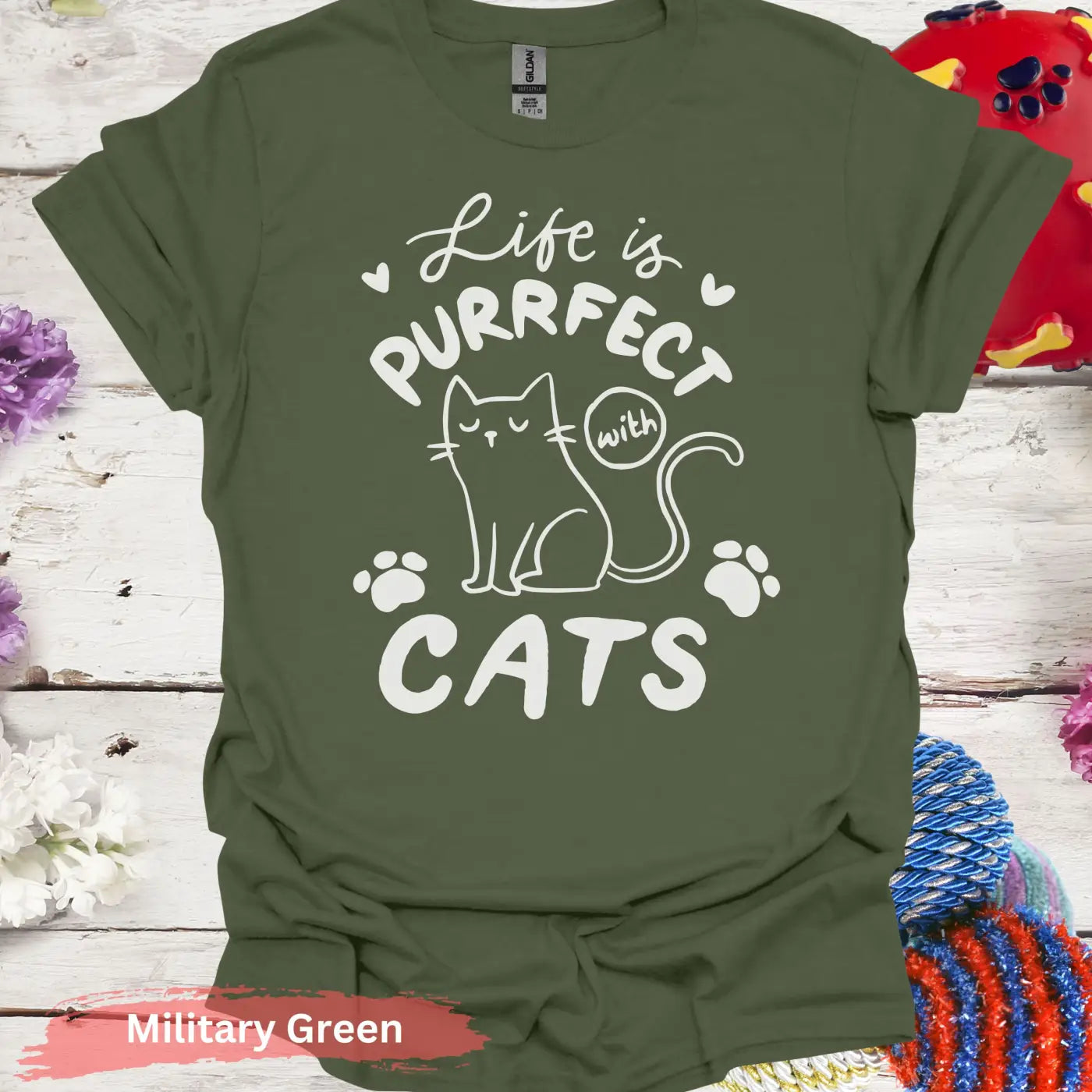 Life is Purrfect with Cats T-shirt - S / Military Green - Physical Item