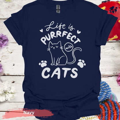 Life is Purrfect with Cats T-shirt - S / Navy - Physical Item