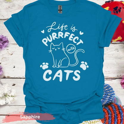 Life is Purrfect with Cats T-shirt - S / Sapphire - Physical Item