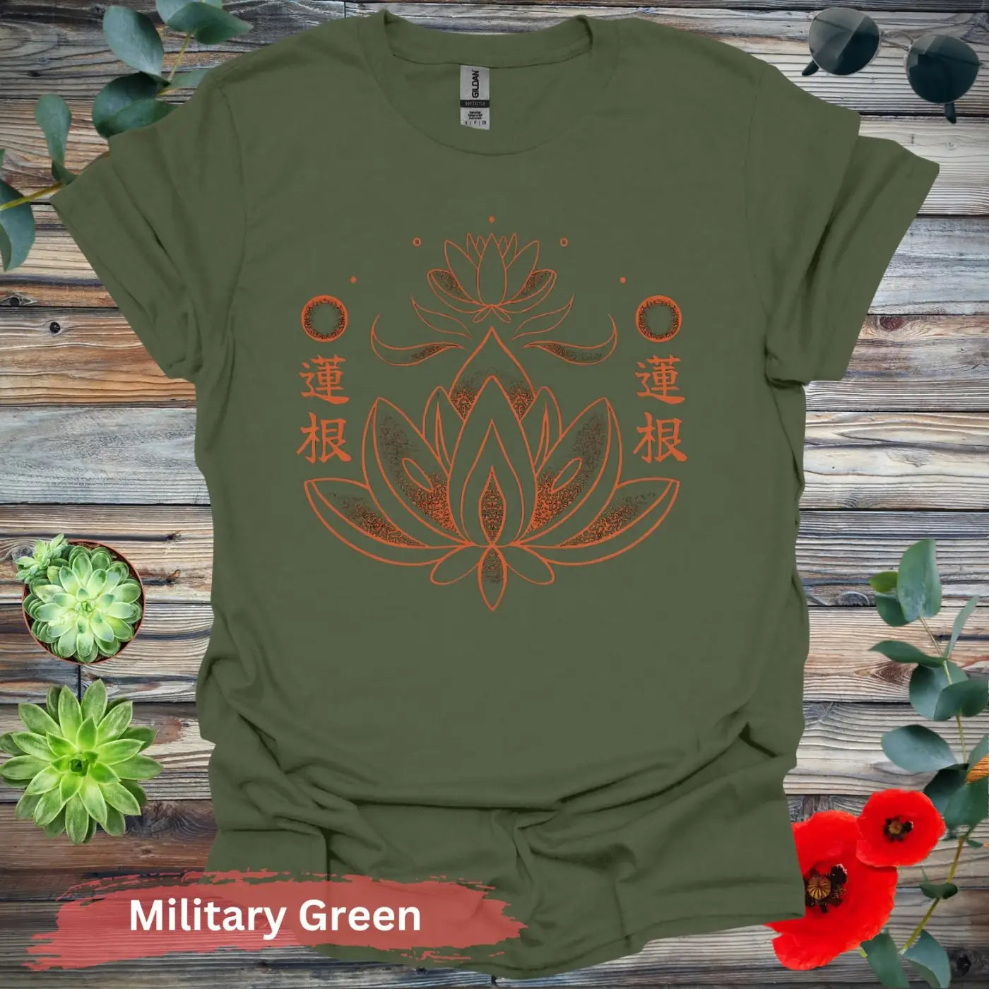 Lotus Blossom Graphic T-Shirt - S / Military Green - Physical Item