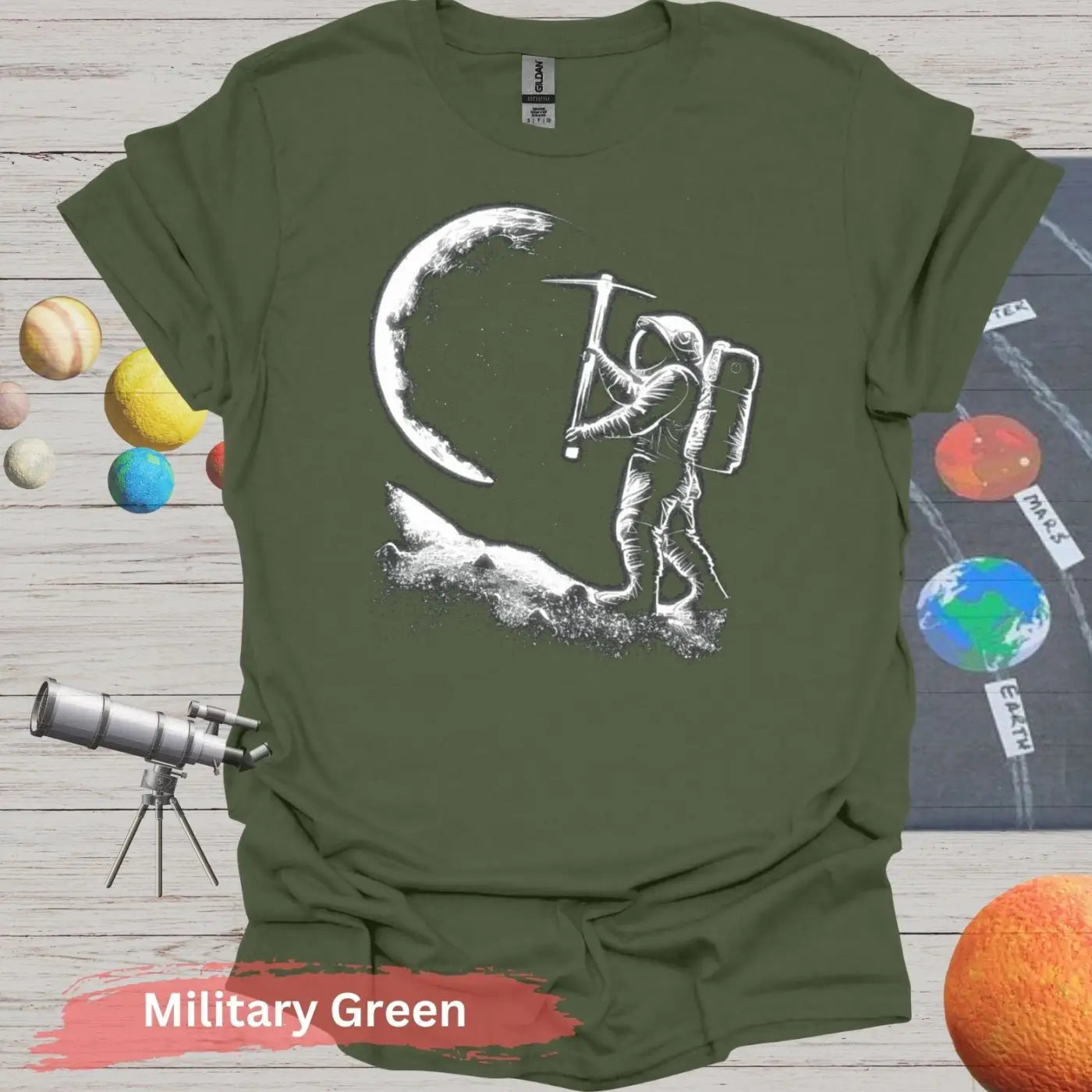 Lunar Miner: Astronaut Moon Chiseling T-Shirt - S - Unisex / Military Green - Physical Item