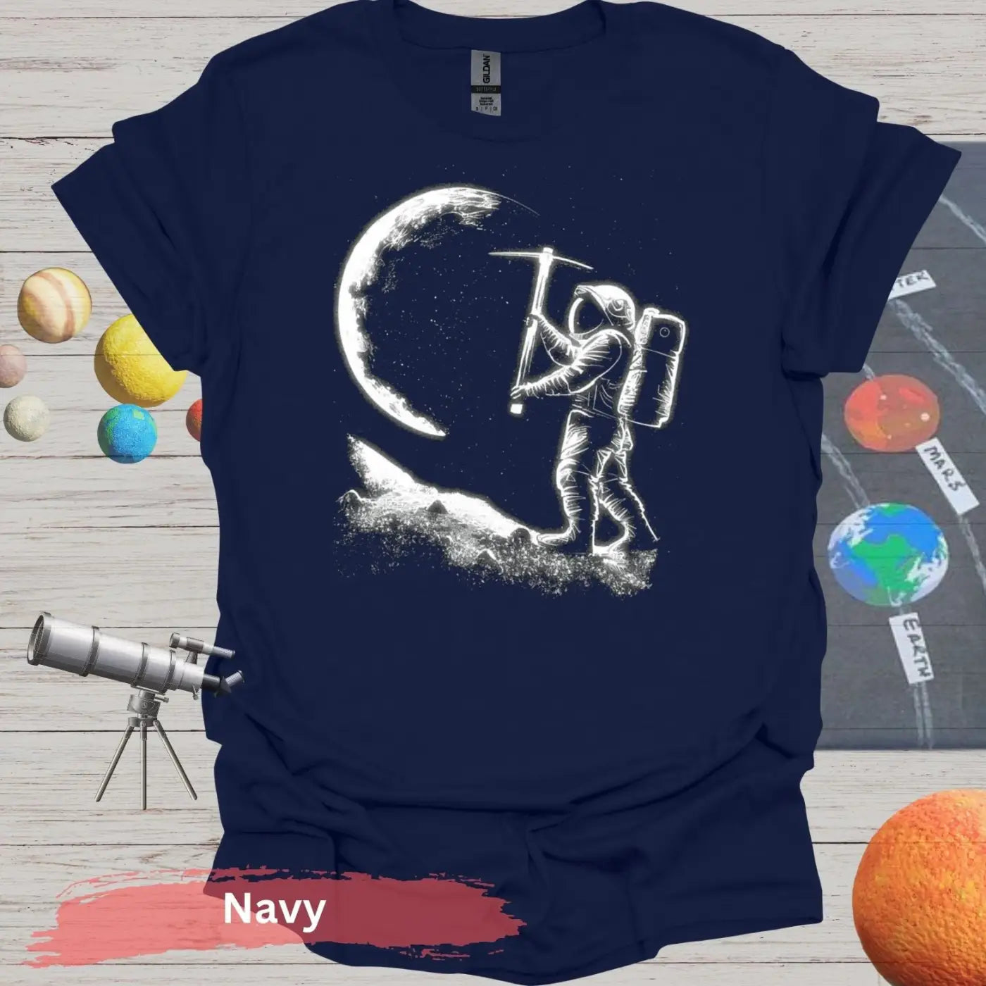 Lunar Miner: Astronaut Moon Chiseling T-Shirt - S - Unisex / Navy - Physical Item