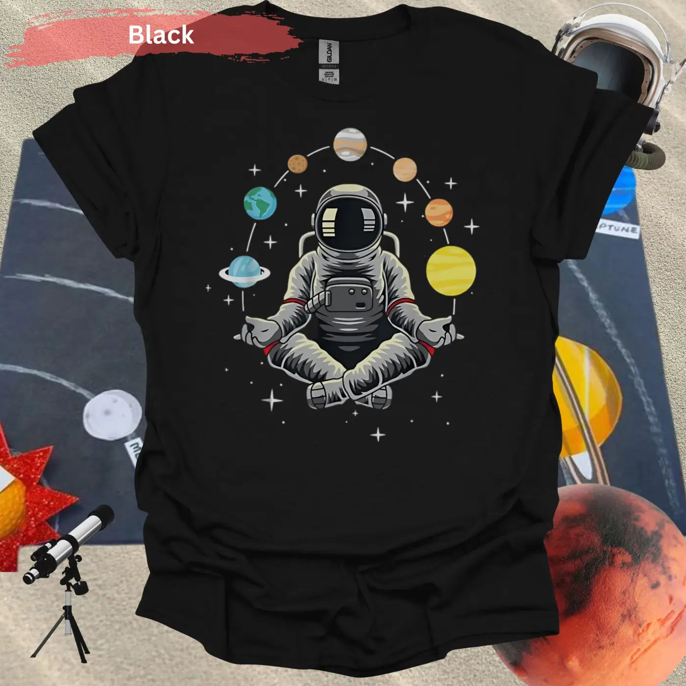 Meditating Astronaut Surrounded by Planets T-Shirt - S / Black - Physical Item