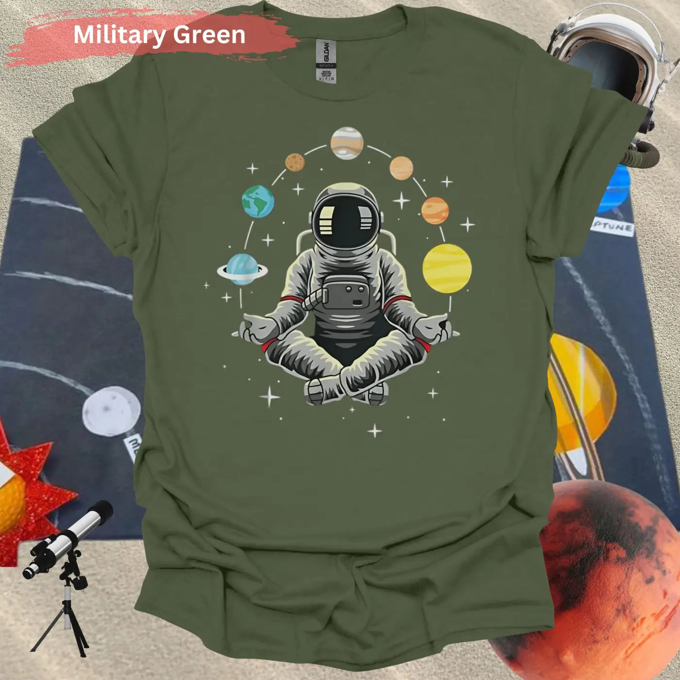 Meditating Astronaut Surrounded by Planets T-Shirt - S / Military Green - Physical Item