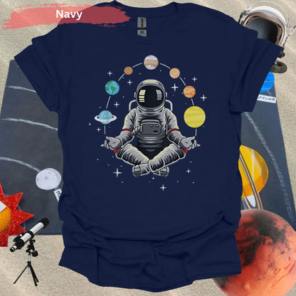 Meditating Astronaut Surrounded by Planets T-Shirt - S / Navy - Physical Item