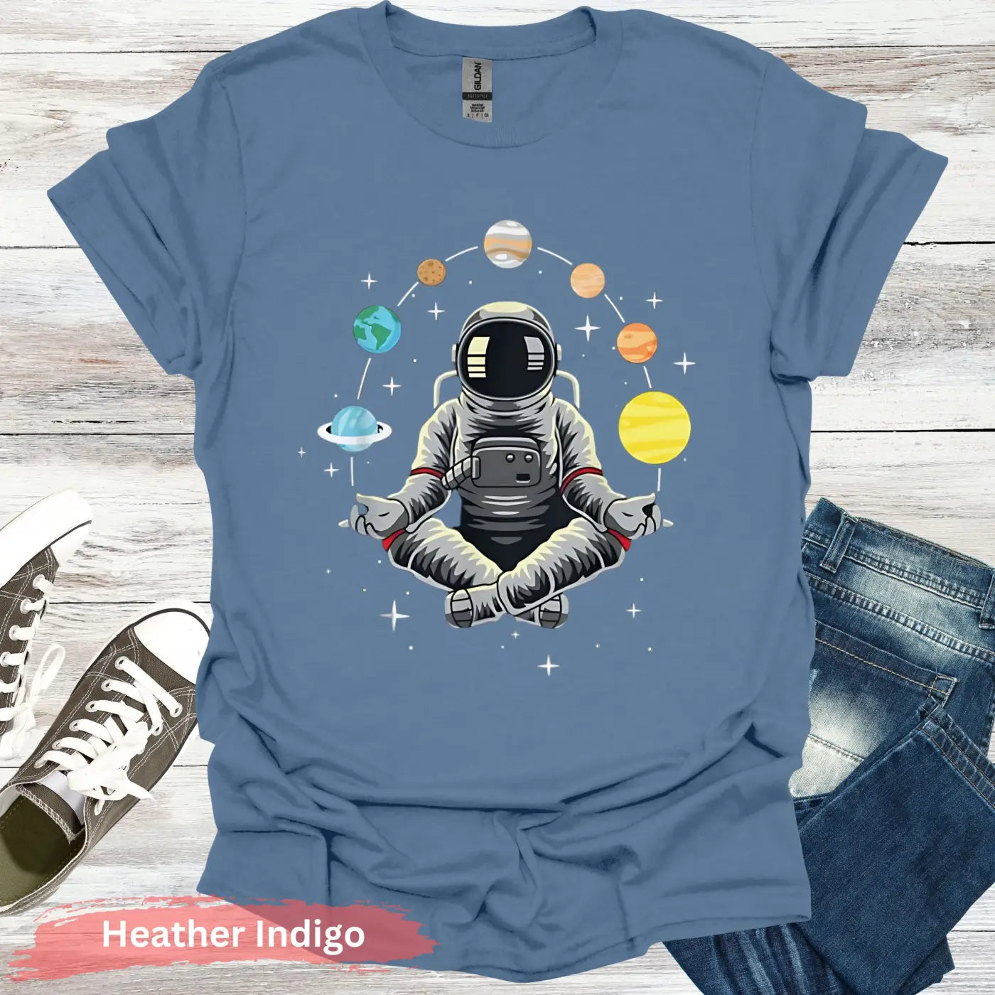 Meditating Astronaut with Planets T-Shirt - S / Heather Indigo - Physical Item