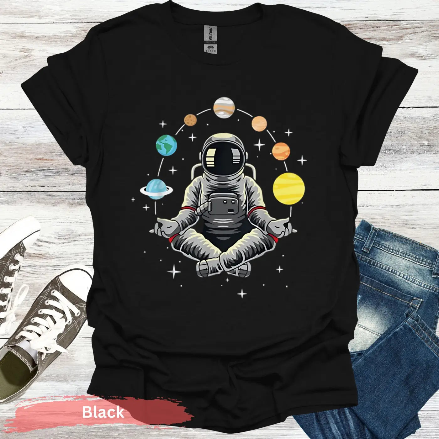 Meditating Astronaut with Planets T-Shirt - S / Black - Physical Item