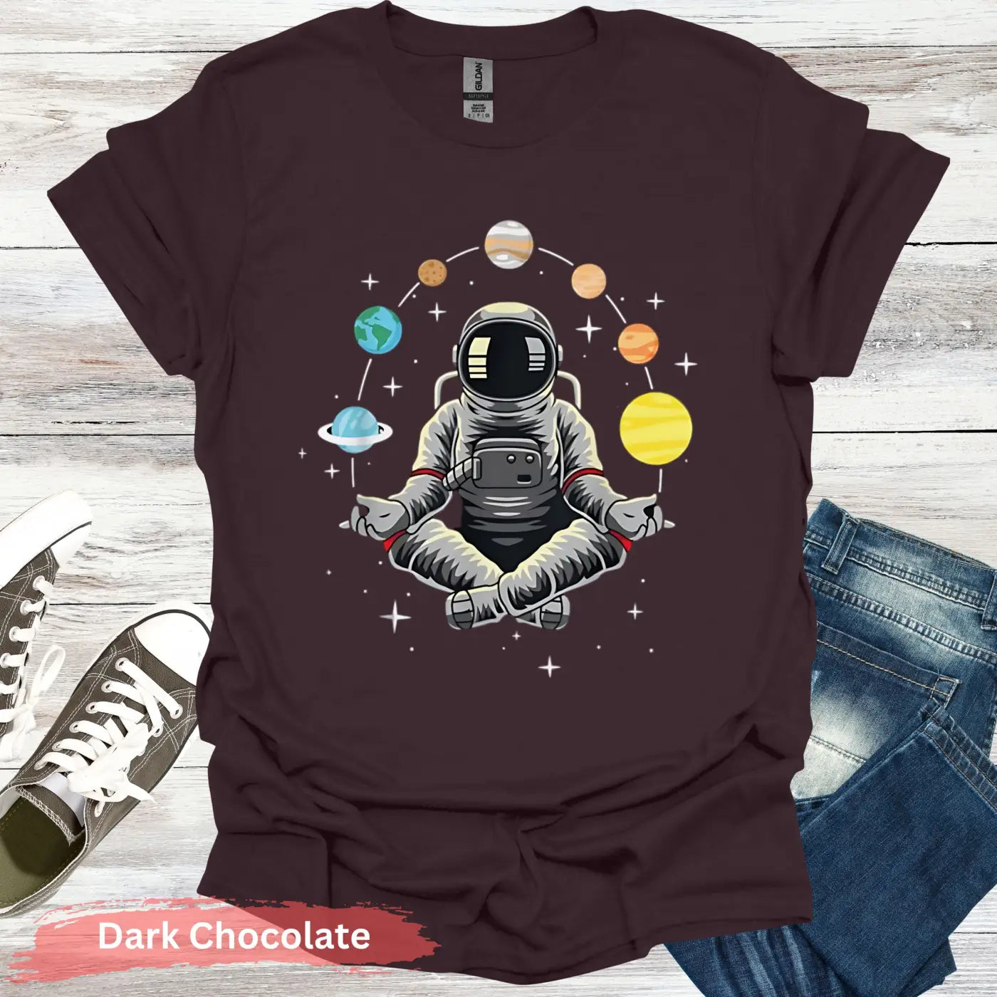 Meditating Astronaut with Planets T-Shirt - S / Dark Chocolate - Physical Item