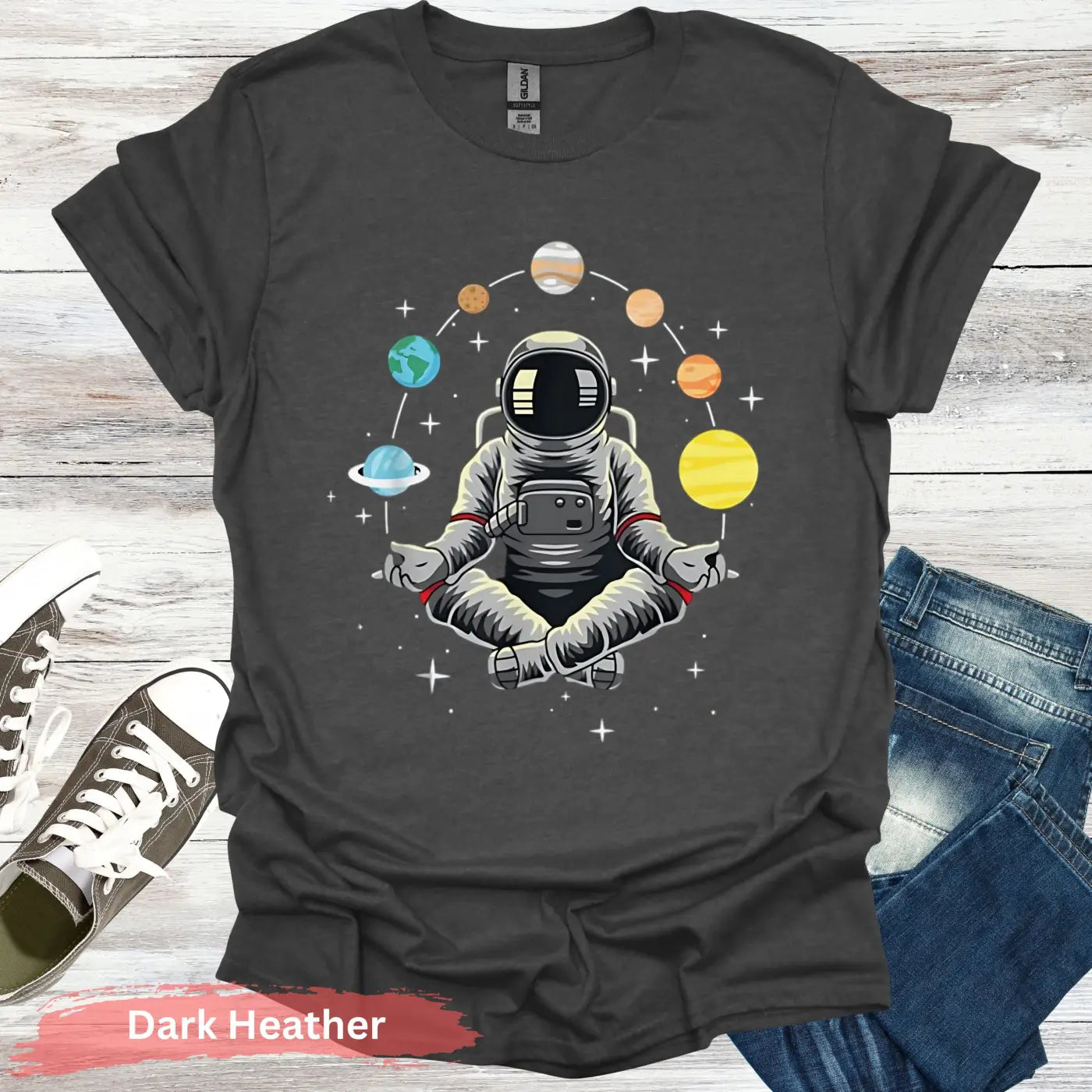 Meditating Astronaut with Planets T-Shirt - S / Dark Heather - Physical Item