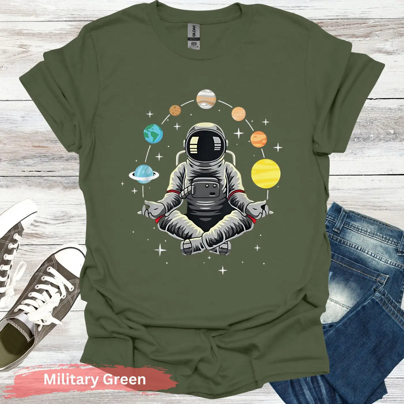 Meditating Astronaut with Planets T-Shirt - S / Military Green - Physical Item