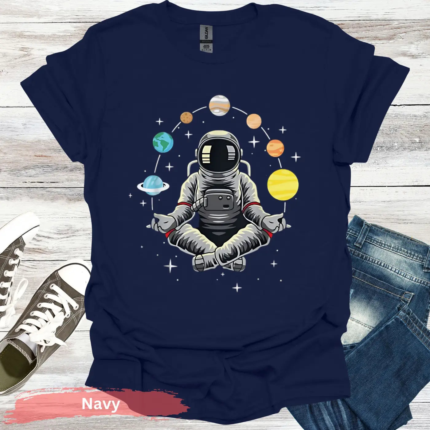 Meditating Astronaut with Planets T-Shirt - S / Navy - Physical Item
