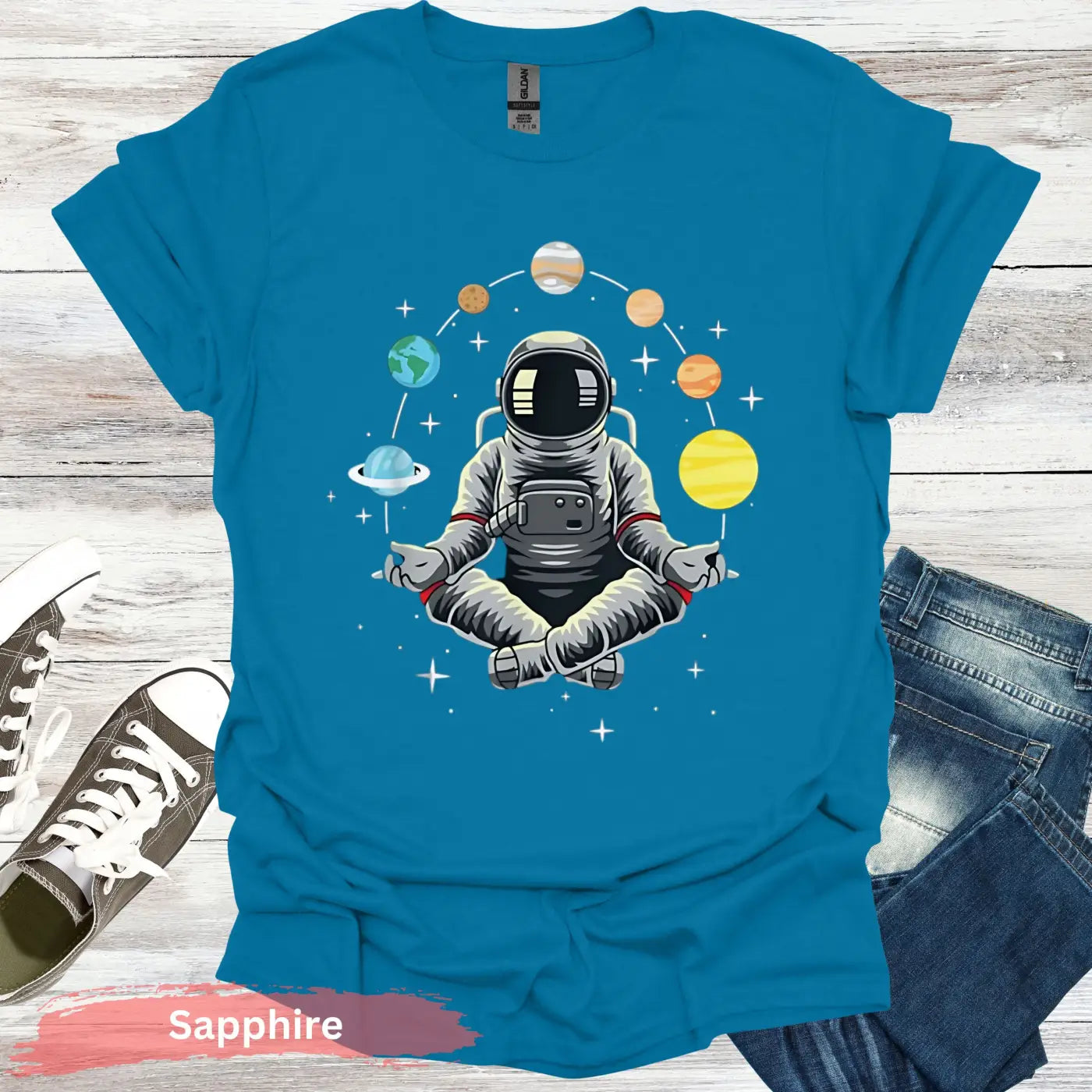 Meditating Astronaut with Planets T-Shirt - S / Sapphire - Physical Item