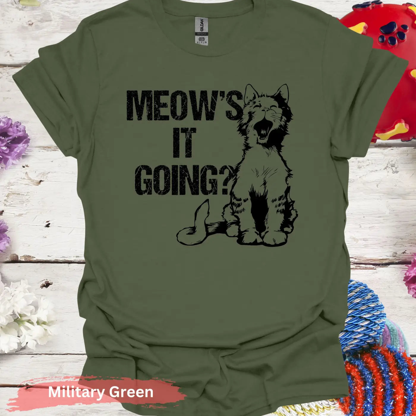 Meow’s It Going T-Shirt - S / Military Green - Physical Item