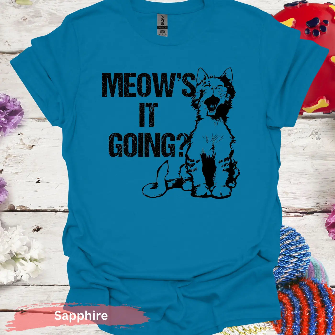 Meow’s It Going T-Shirt - S / Sapphire - Physical Item