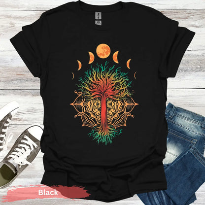 Moon Phases and Mandala T-Shirt - S / Black - Physical Item