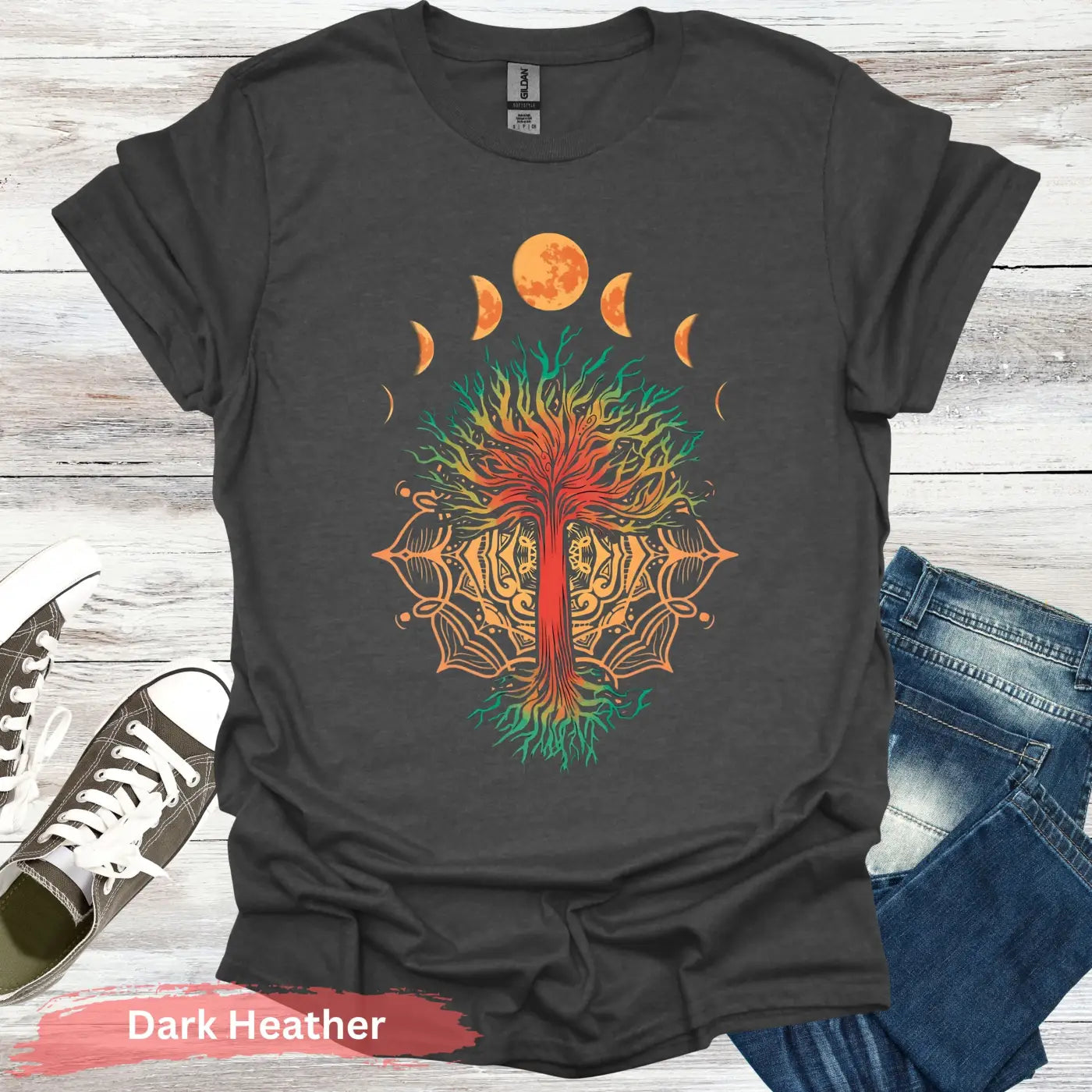 Moon Phases and Mandala T-Shirt - S / Dark Heather - Physical Item