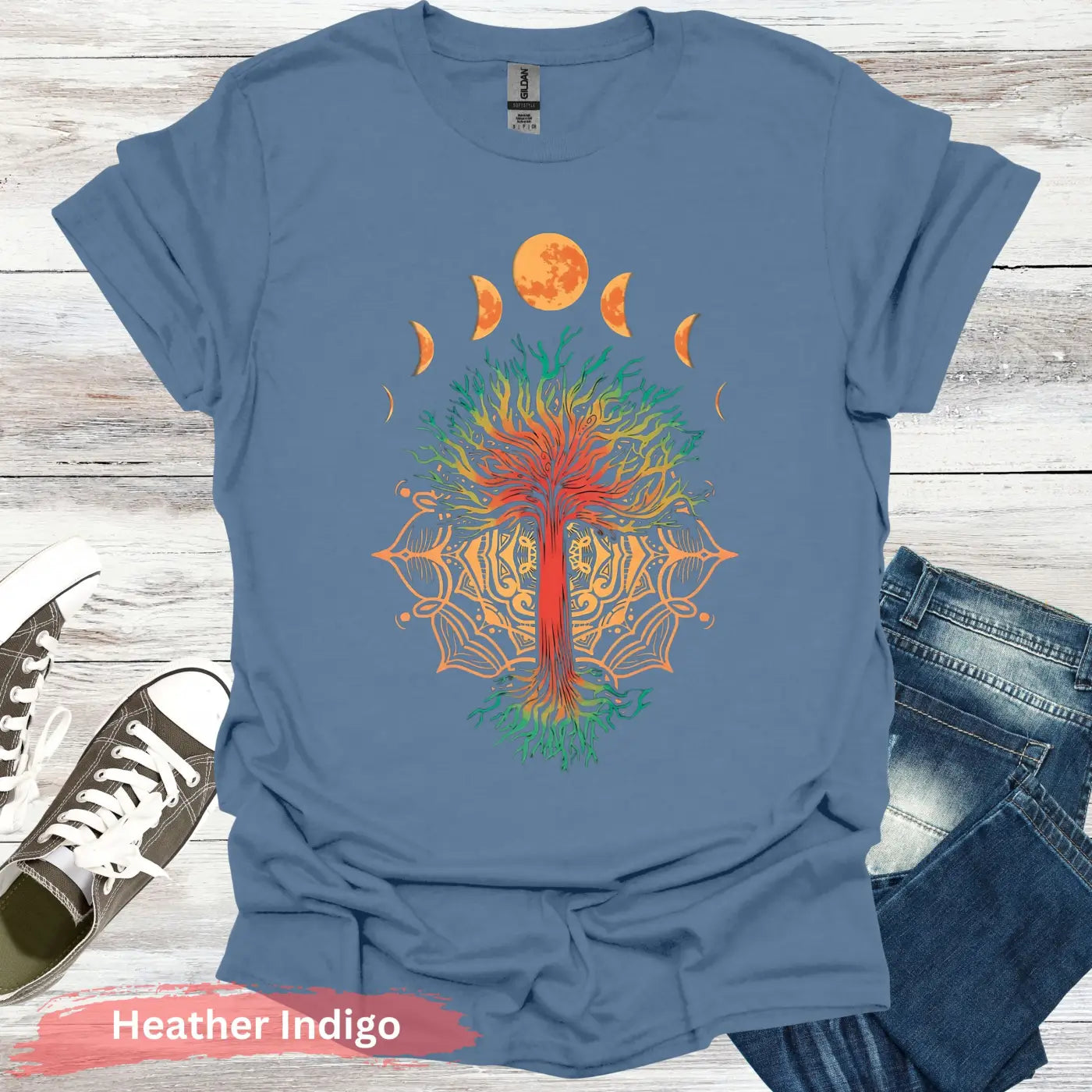 Moon Phases and Mandala T-Shirt - S / Heather Indigo - Physical Item