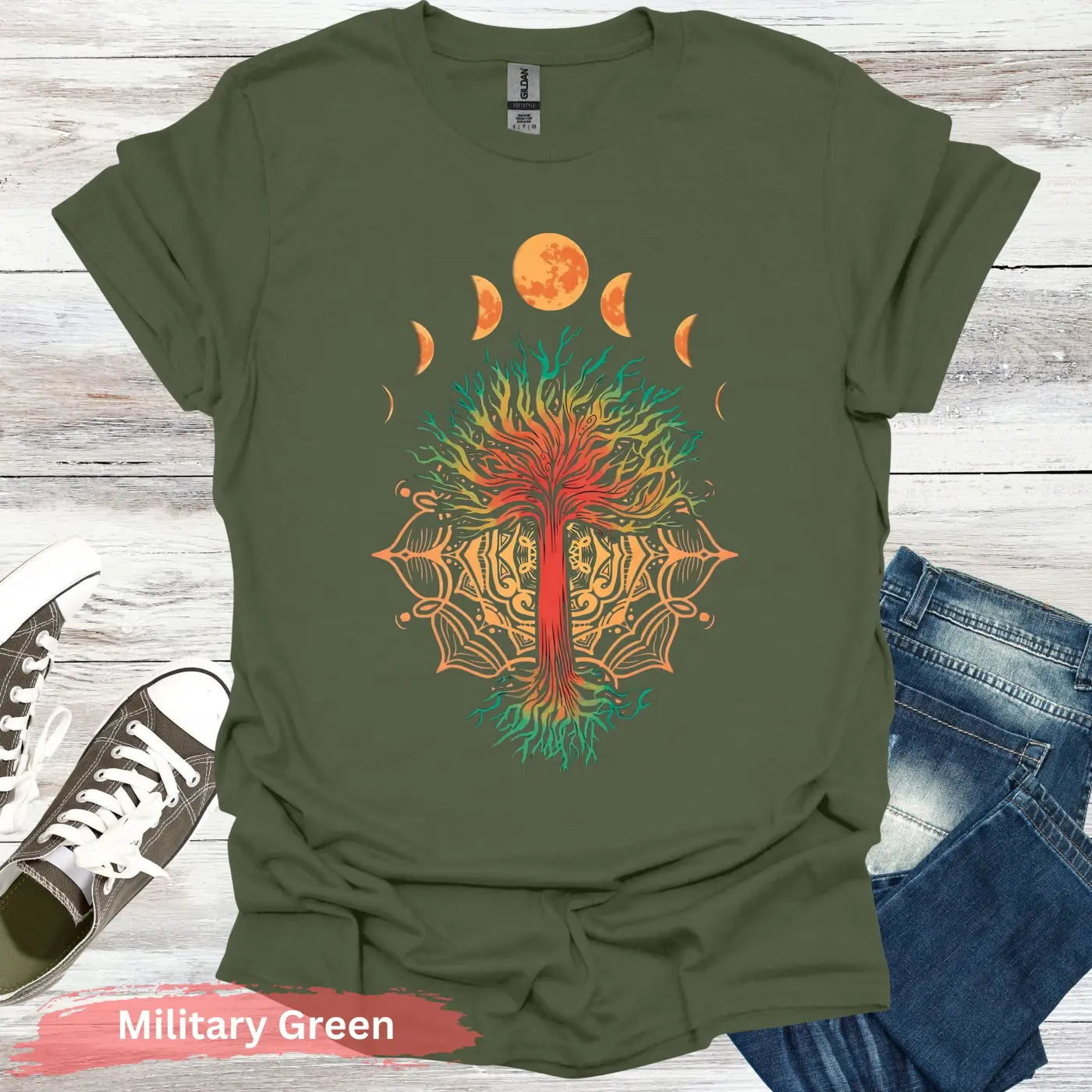 Moon Phases and Mandala T-Shirt - S / Military Green - Physical Item