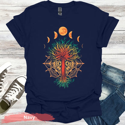 Moon Phases and Mandala T-Shirt - S / Navy - Physical Item