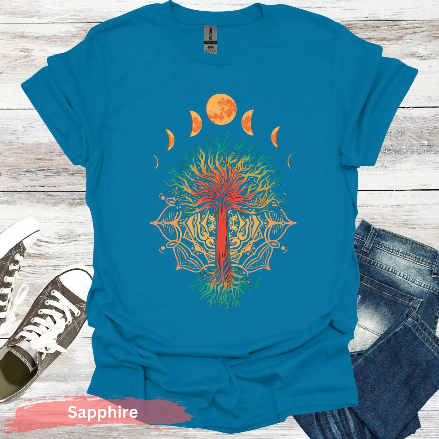 Moon Phases and Mandala T-Shirt - S / Sapphire - Physical Item