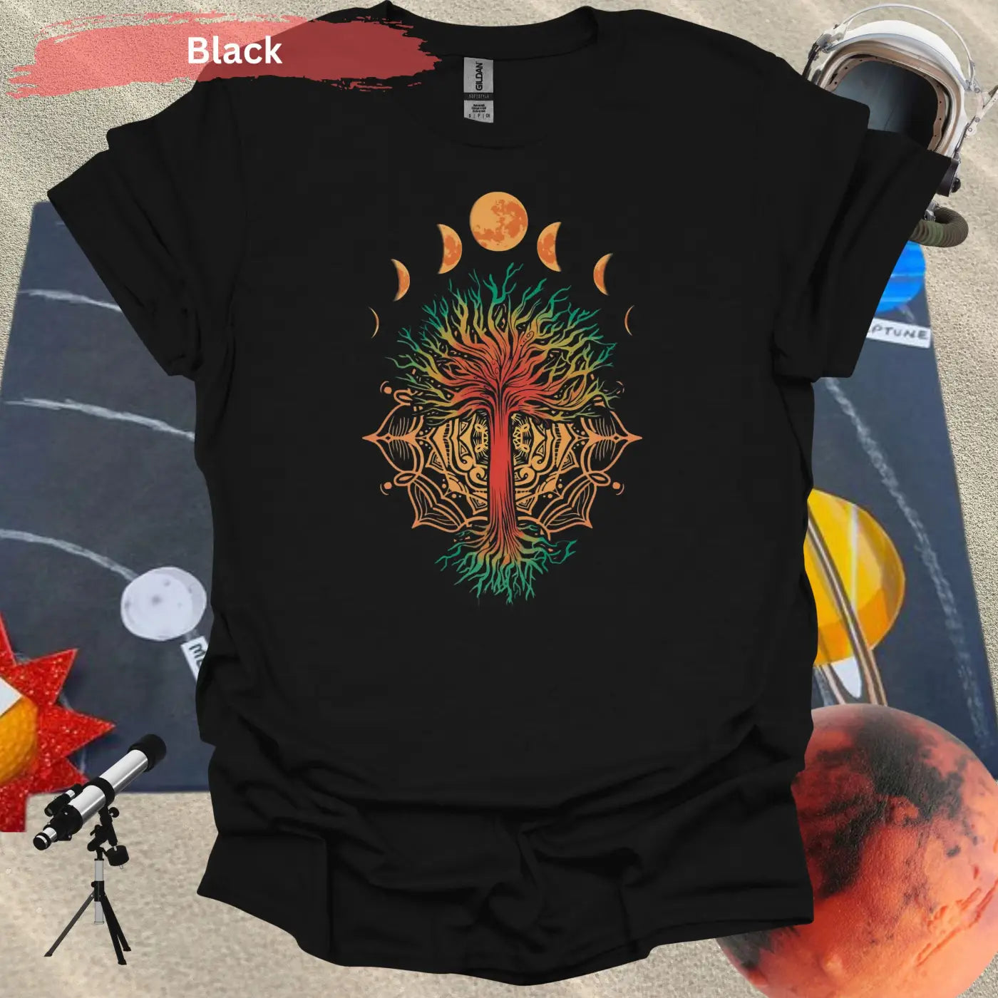 Enchanted Tree of Life: Moon Phases and Mandala T-Shirt - S / Black - Physical Item