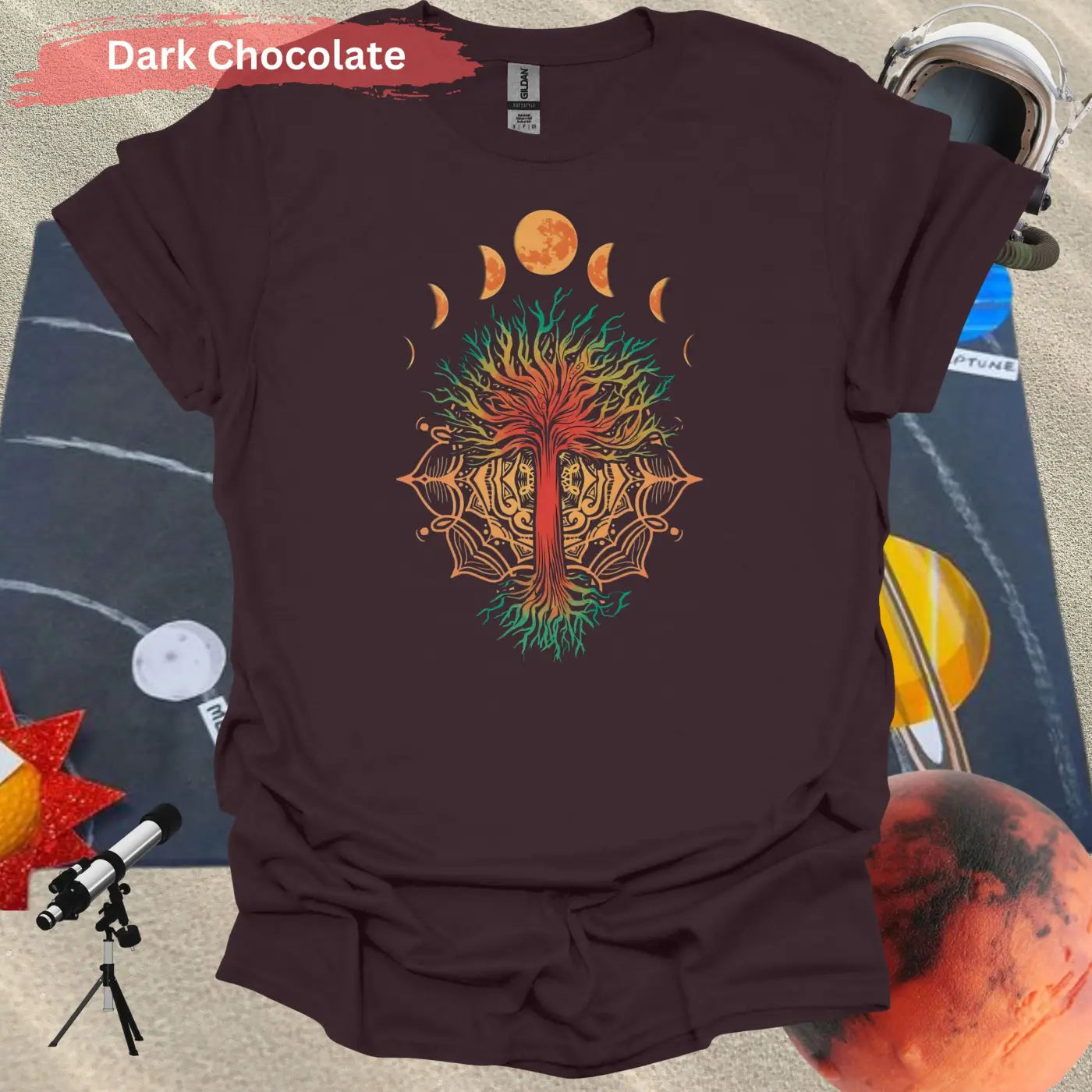 Enchanted Tree of Life: Moon Phases and Mandala T-Shirt - S / Dark Chocolate - Physical Item