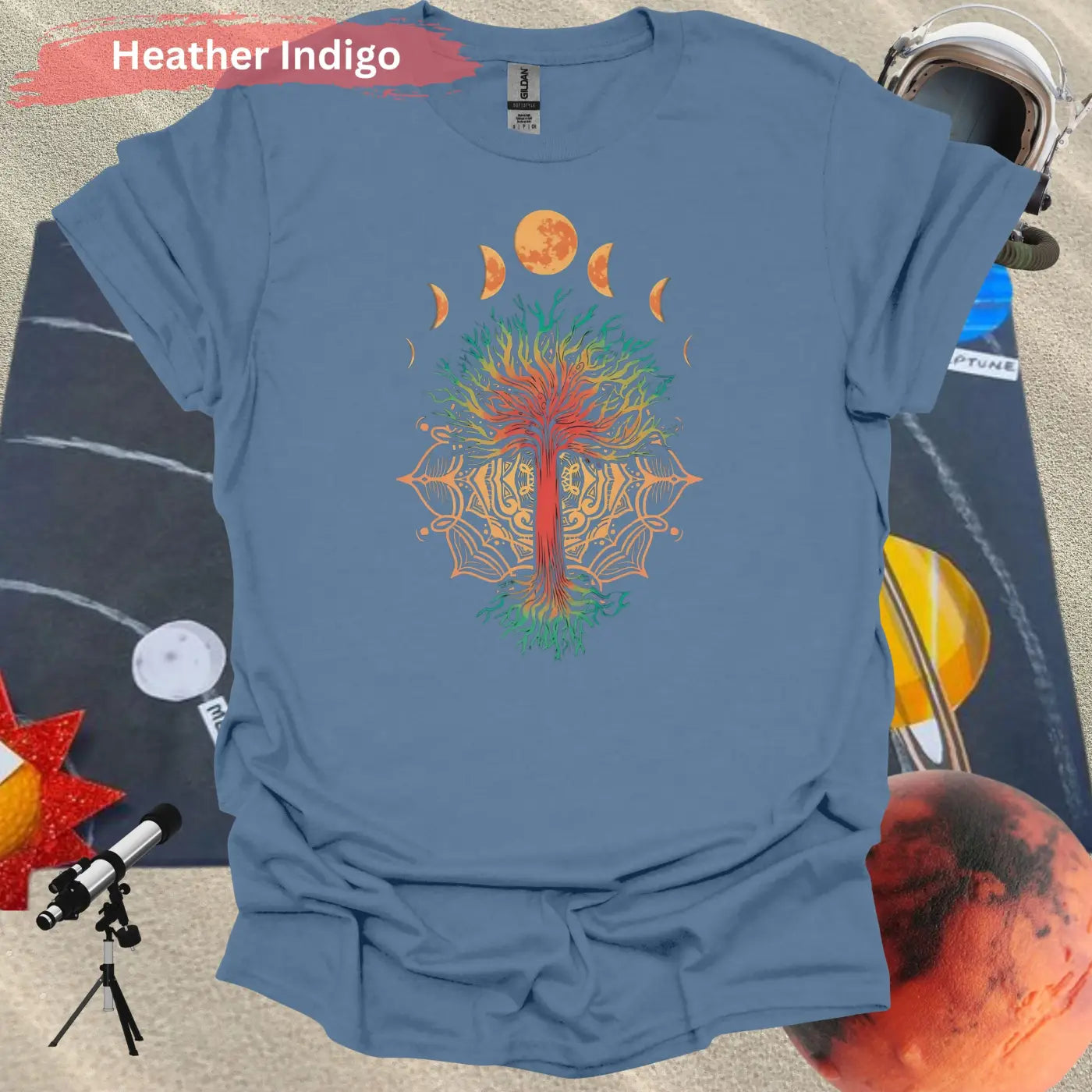 Enchanted Tree of Life: Moon Phases and Mandala T-Shirt - S / Heather Indigo - Physical Item