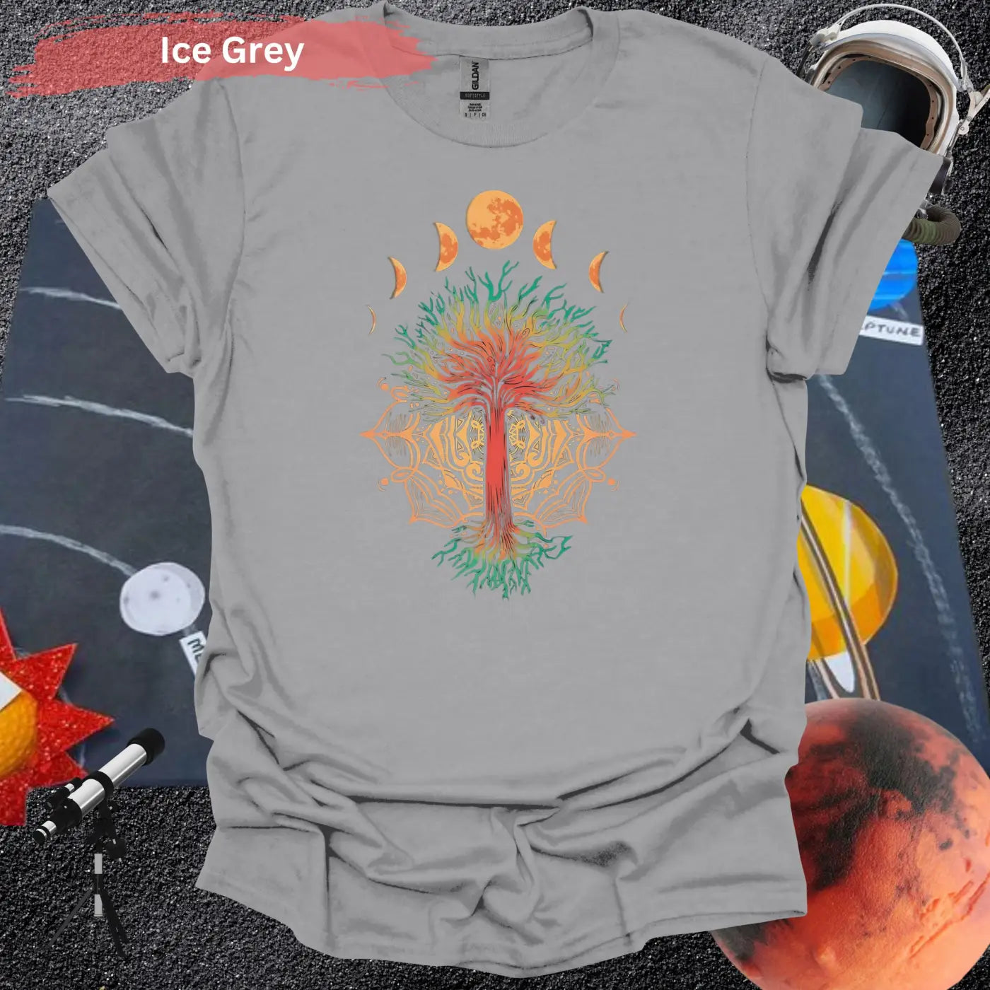 Enchanted Tree of Life: Moon Phases and Mandala T-Shirt - S / Ice Grey - Physical Item