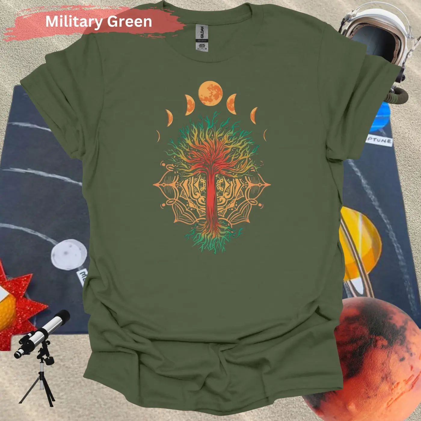 Enchanted Tree of Life: Moon Phases and Mandala T-Shirt - S / Military Green - Physical Item