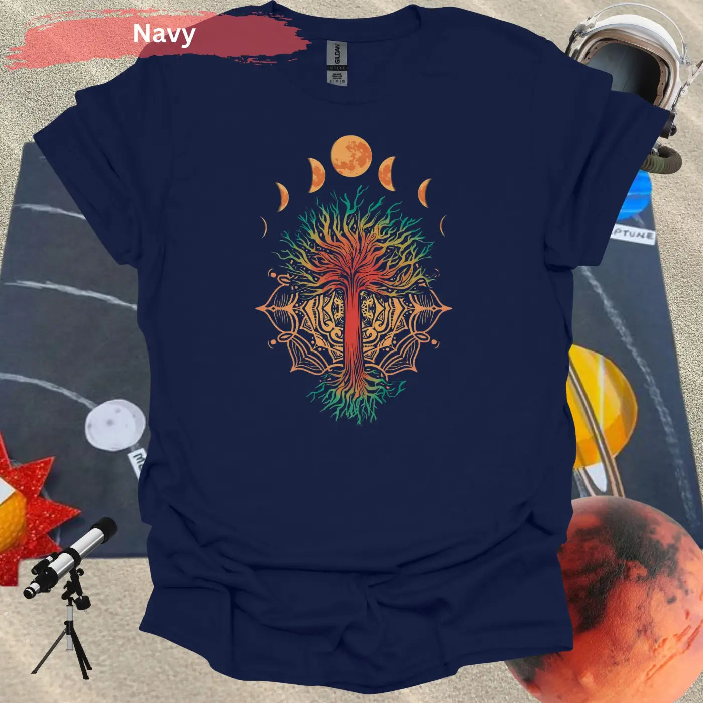 Enchanted Tree of Life: Moon Phases and Mandala T-Shirt - S / Navy - Physical Item