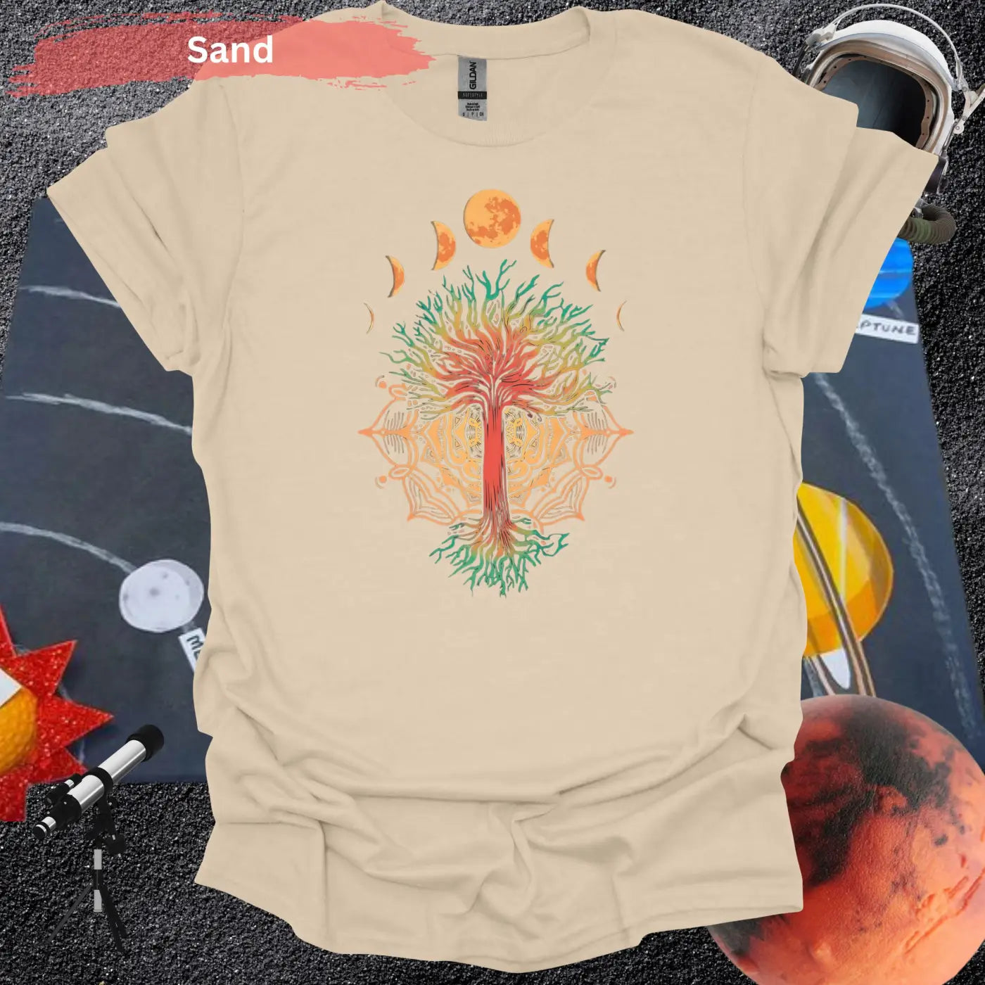 Enchanted Tree of Life: Moon Phases and Mandala T-Shirt - S / Sand - Physical Item