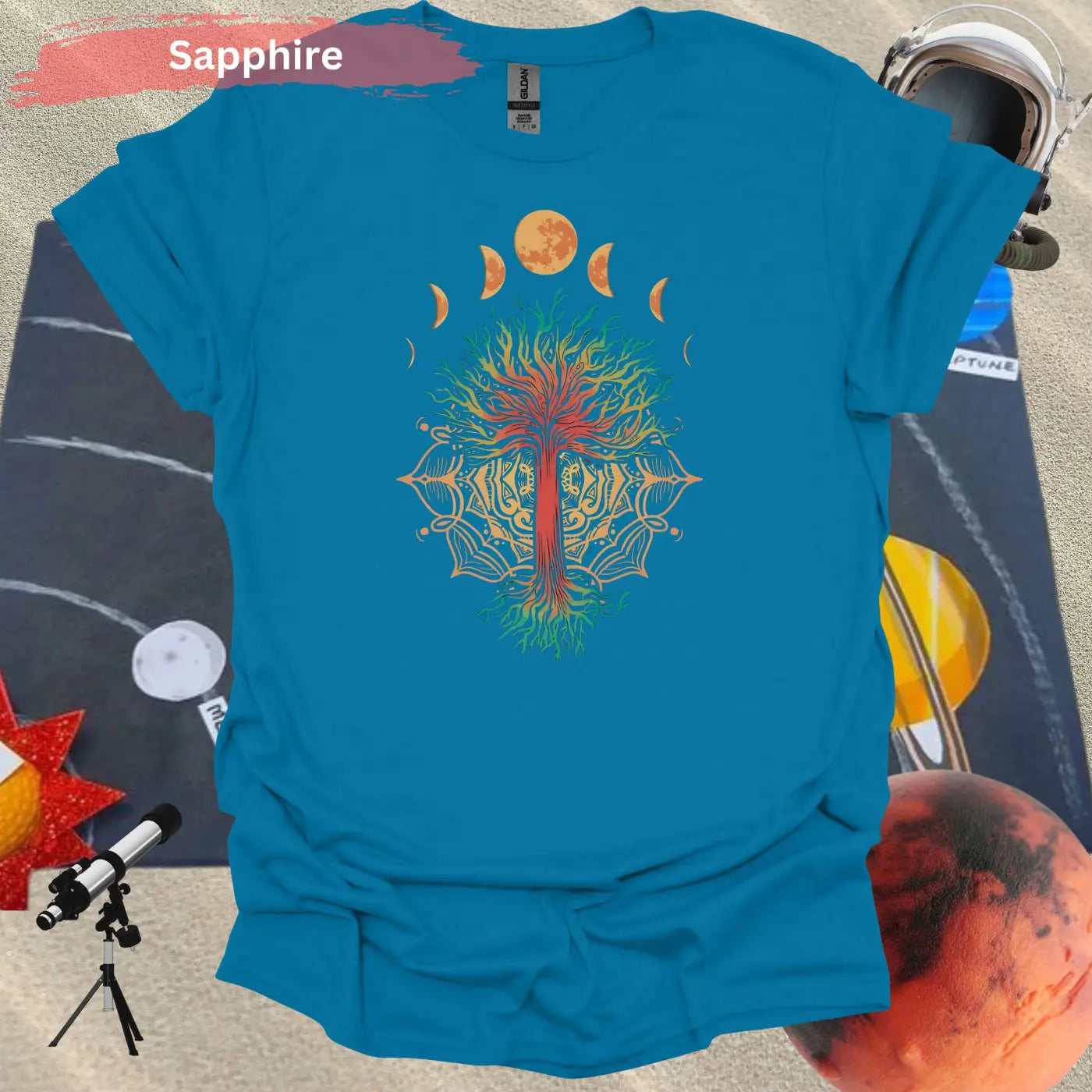 Enchanted Tree of Life: Moon Phases and Mandala T-Shirt - S / Sapphire - Physical Item