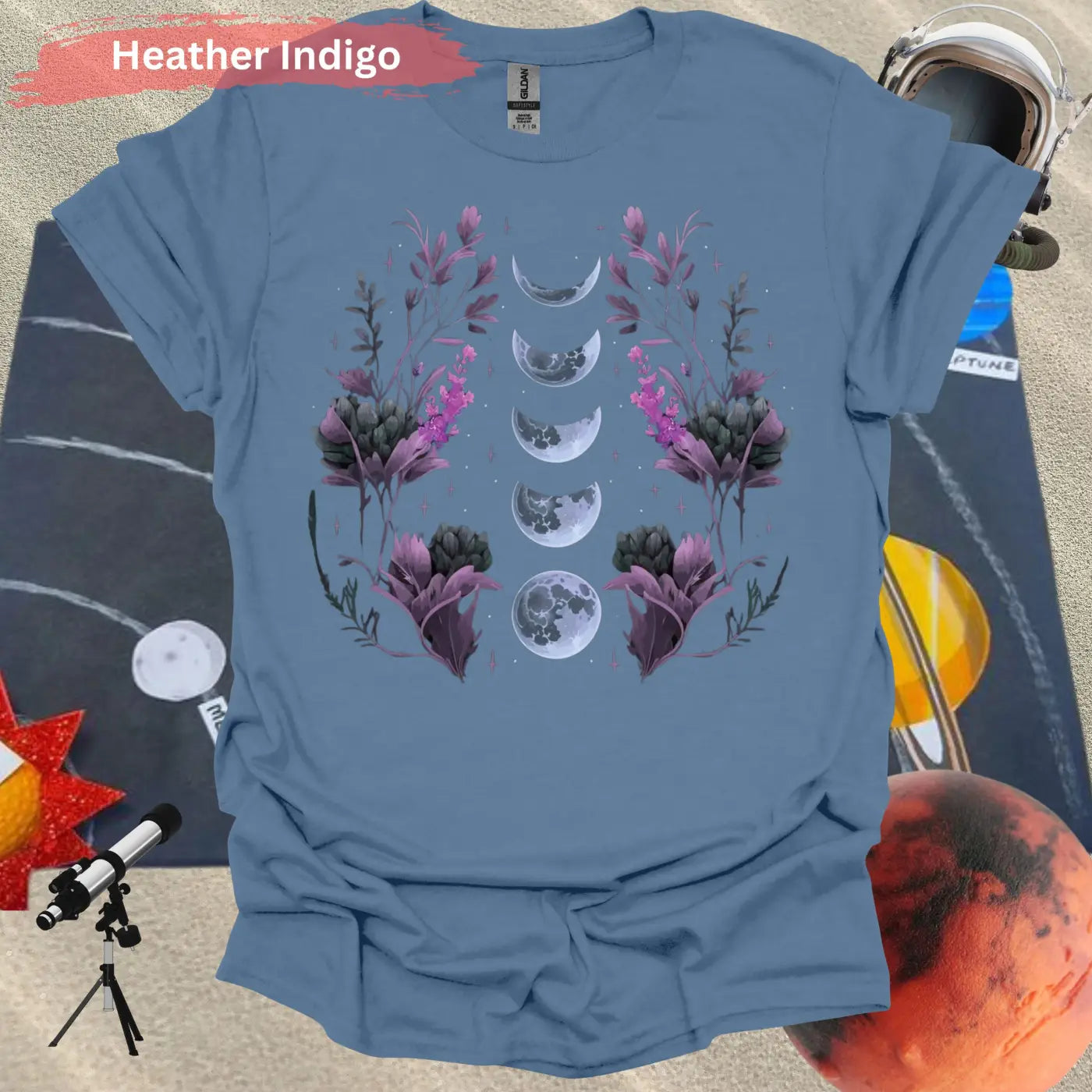 Moon Phases with Botanical Art T-Shirt - S / Heather Indigo - Physical Item