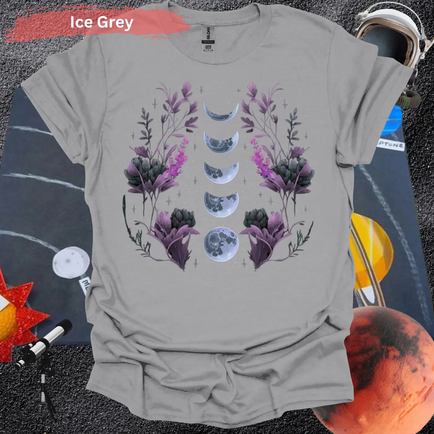 Moon Phases with Botanical Art T-Shirt - S / Ice Grey - Physical Item