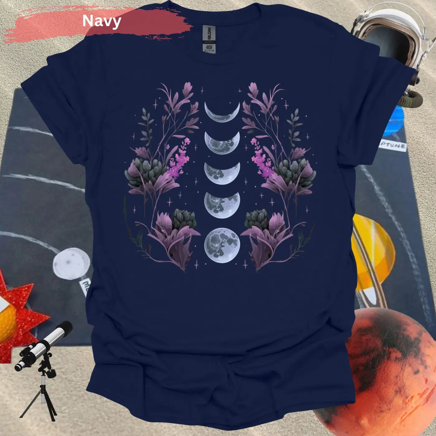 Moon Phases with Botanical Art T-Shirt - S / Navy - Physical Item