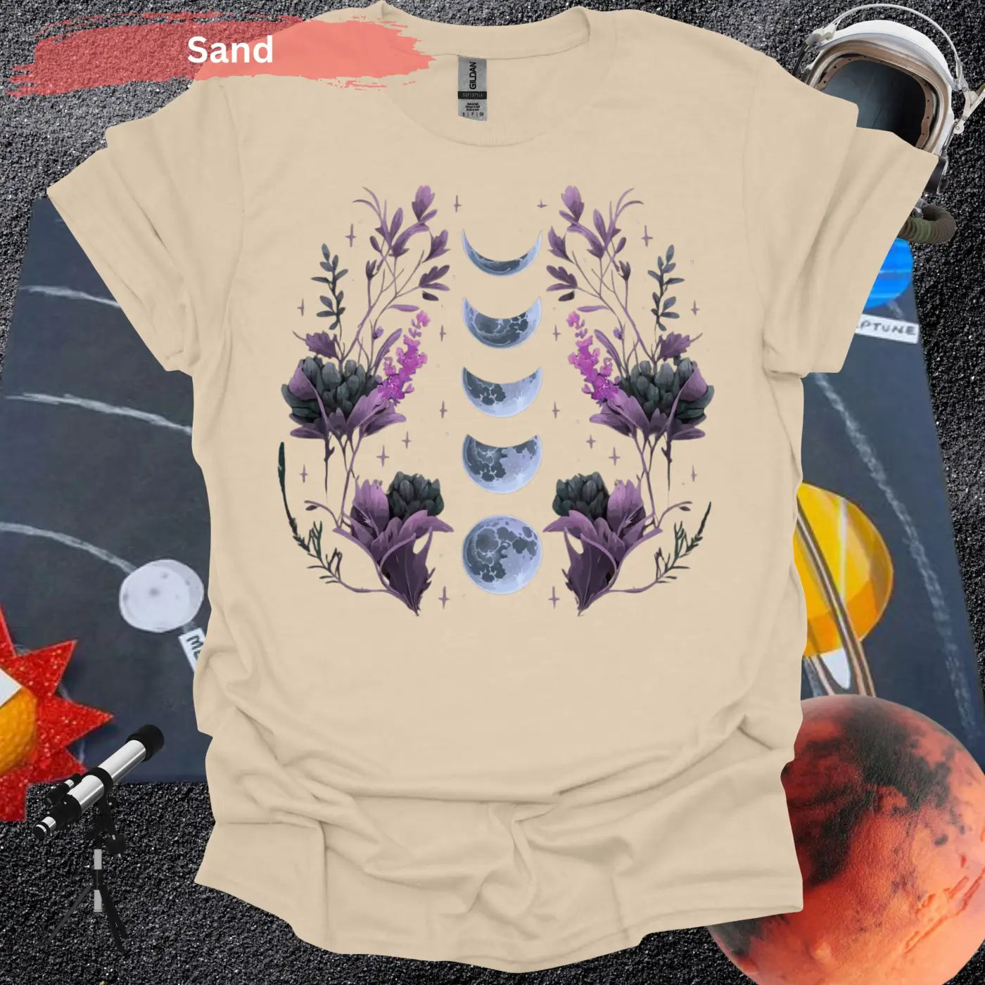 Moon Phases with Botanical Art T-Shirt - S / Sand - Physical Item