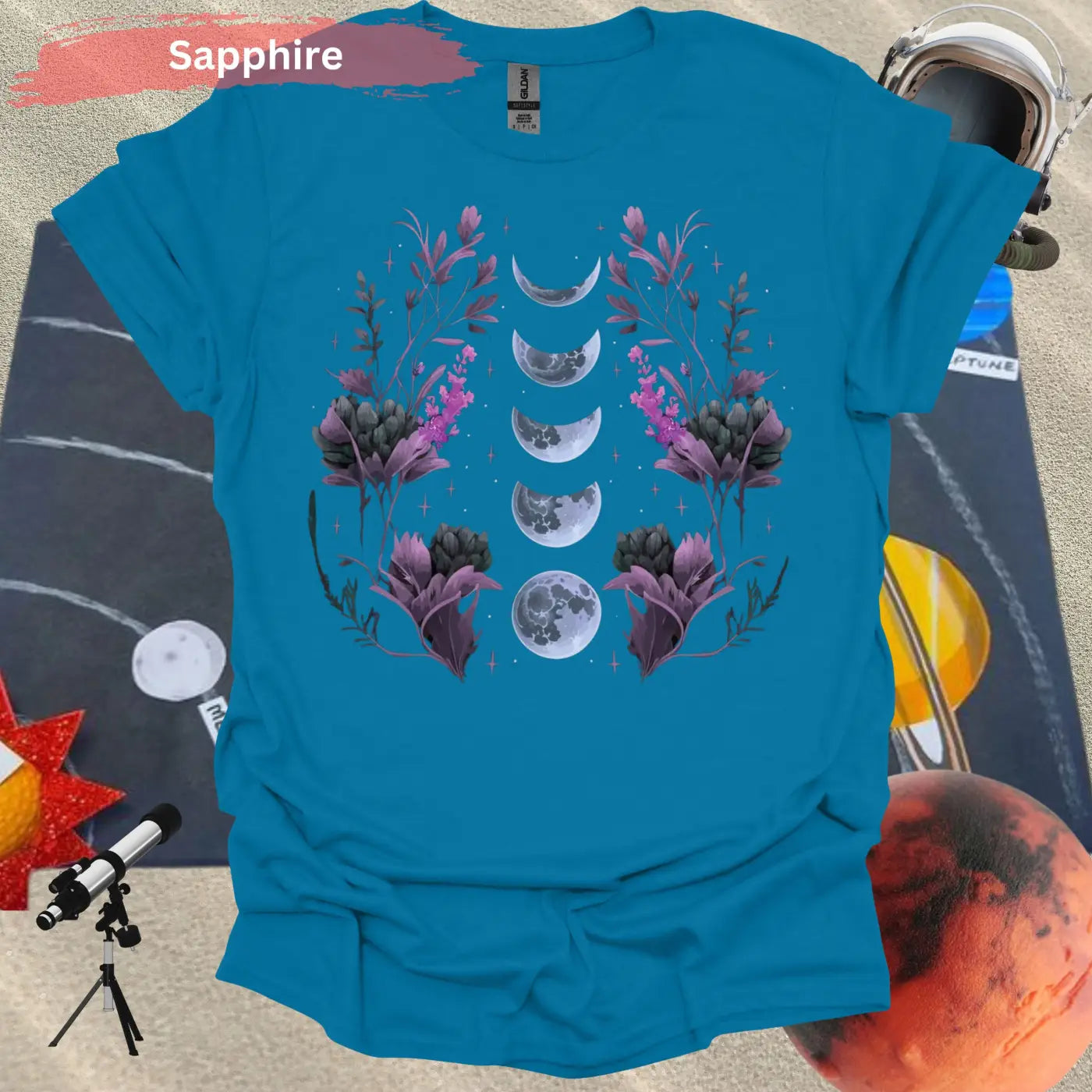 Moon Phases with Botanical Art T-Shirt - S / Sapphire - Physical Item