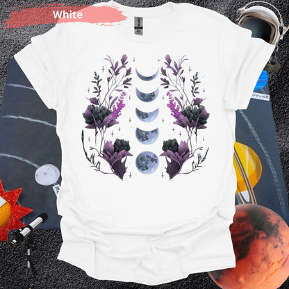 Moon Phases with Botanical Art T-Shirt - S / White - Physical Item