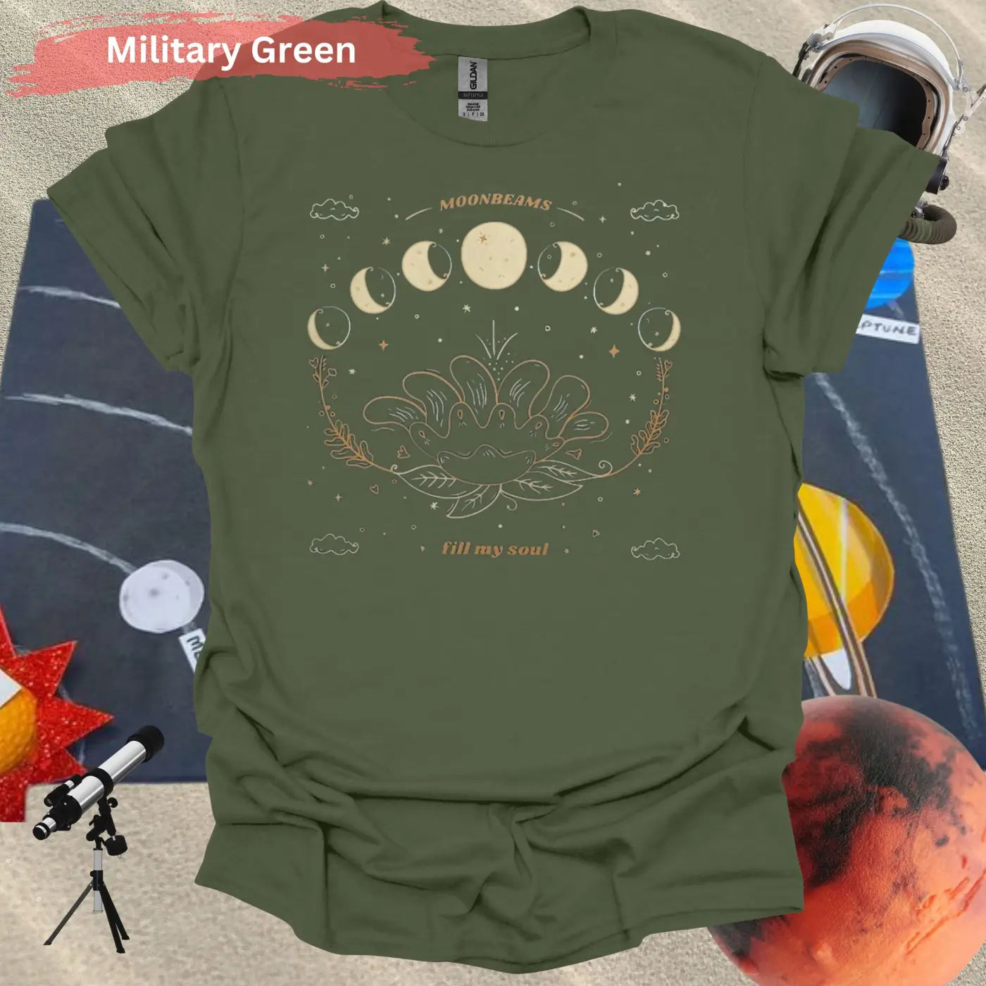 Moonbeams Fill My Soul Lunar Phase T-Shirt - S / Military Green - Physical Item