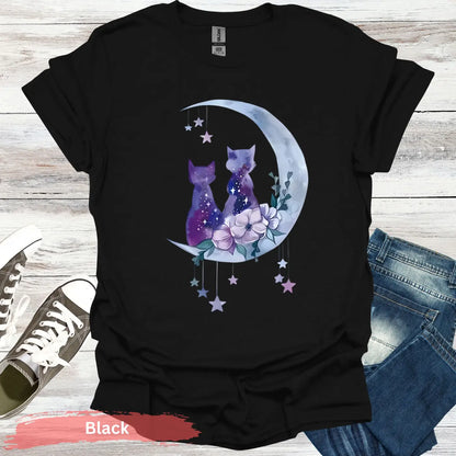 Moonlit Cat Duo T-Shirt - S / Black - Physical Item