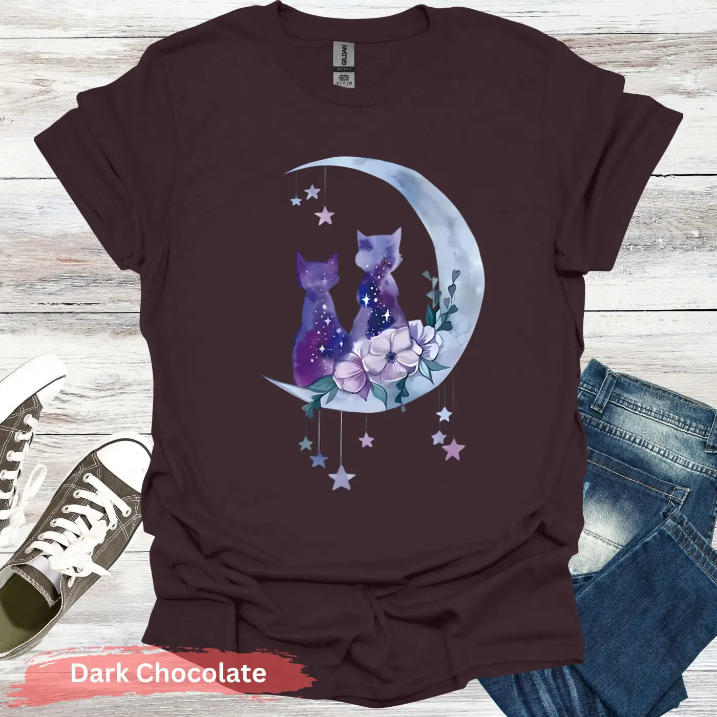 Moonlit Cat Duo T-Shirt - S / Dark Chocolate - Physical Item