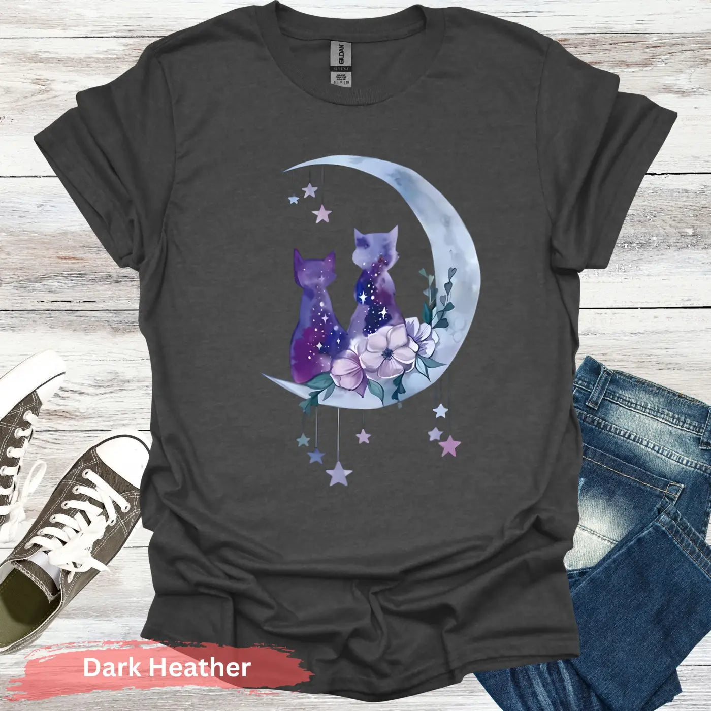 Moonlit Cat Duo T-Shirt - S / Dark Heather - Physical Item
