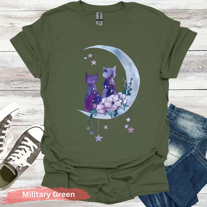 Moonlit Cat Duo T-Shirt - S / Military Green - Physical Item
