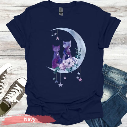 Moonlit Cat Duo T-Shirt - S / Navy - Physical Item