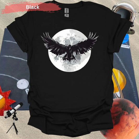 Mystical Raven Moon: Enchanting Bird in Flight T-Shirt - S / Black - Physical Item