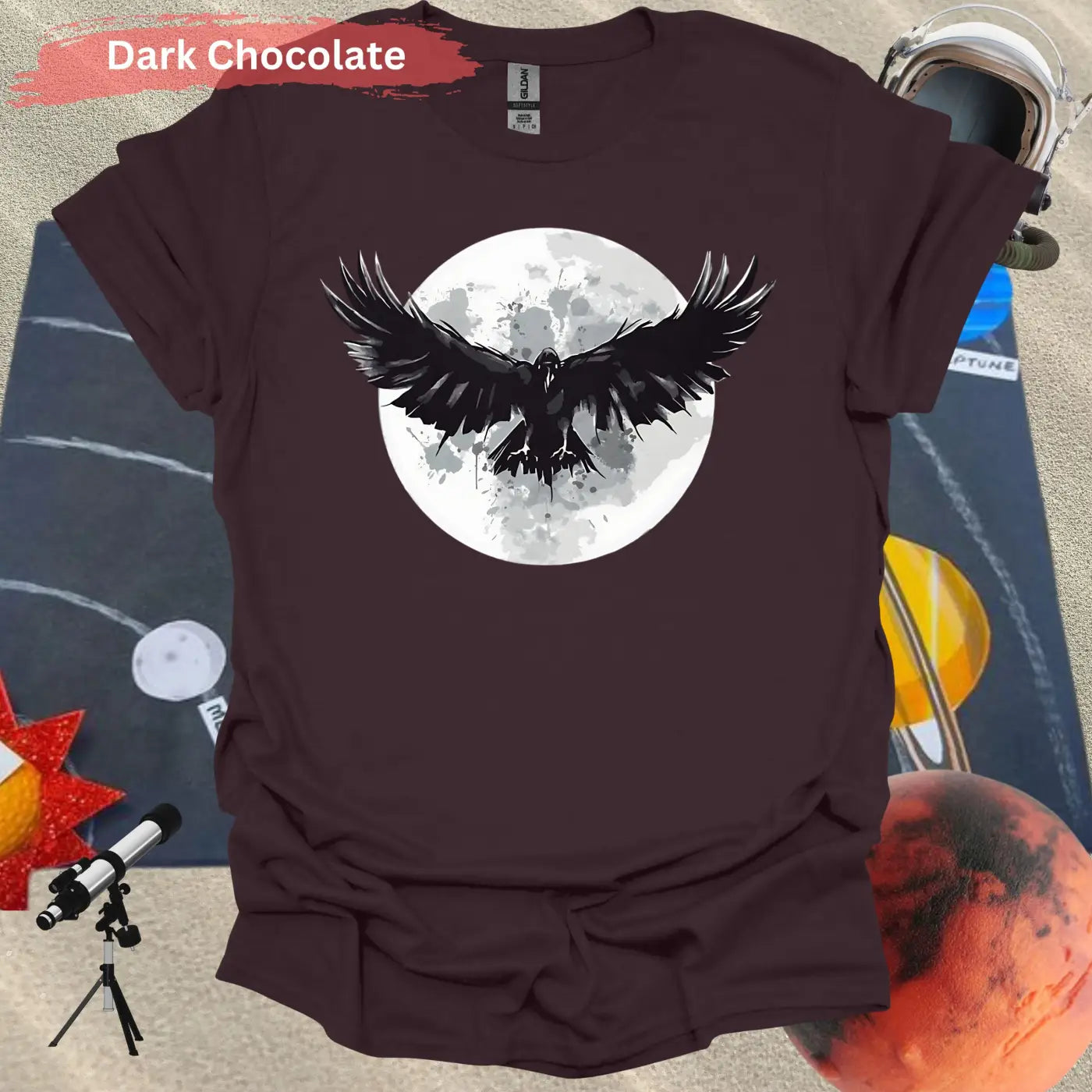 Mystical Raven Moon: Enchanting Bird in Flight T-Shirt - S / Dark Chocolate - Physical Item